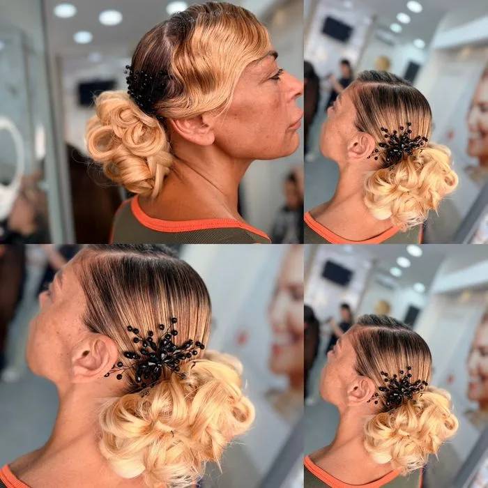 Raccolto biondo con fermaglio nero realizzato da Hair Love Parrucchieri, quattro scatti